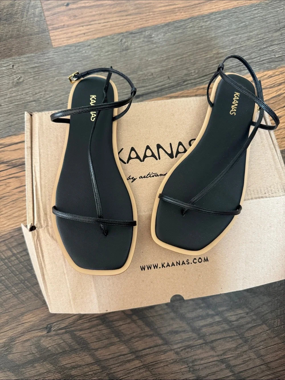 Kaanas Black Strappy Square-Toe Flat Sandals with Tan Trim